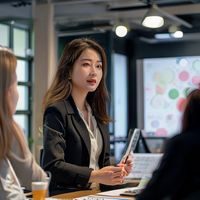 张雨桐，萝莉社品牌运营总监，在创意会议室中向团队展示品牌策略方案，神情专注且充满感染力，体现出丰富的品牌运营实战经验