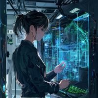 林子墨，萝莉社技术总监，在服务器机房前专注查看技术架构图，展现出扎实的工程背景与对系统稳定性的高度重视
