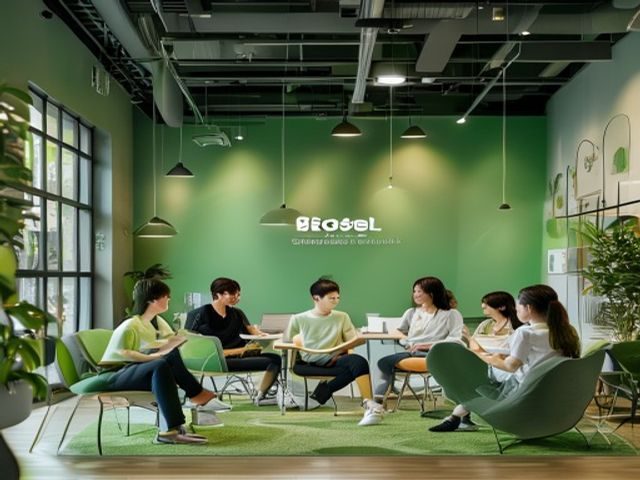 萝莉社品牌团队在现代化创意办公室内围坐讨论，墙面装饰着青柠绿色调的品牌视觉，氛围专业而充满活力，体现萝莉社年轻创意的团队文化