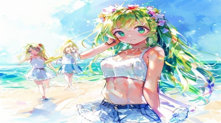 萝莉社2026夏日祭特别插画，画面呈现夏日海边的二次元少女形象，清新水彩风格，光线通透明亮